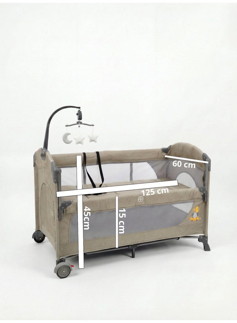 Cool Baby 2-Level Foldable Baby Travel Cot Bedside Sleeper with Mosquito Net, Diaper Changer, Music Bell & Soundproof Wheels – Portable Playard - Image 2
