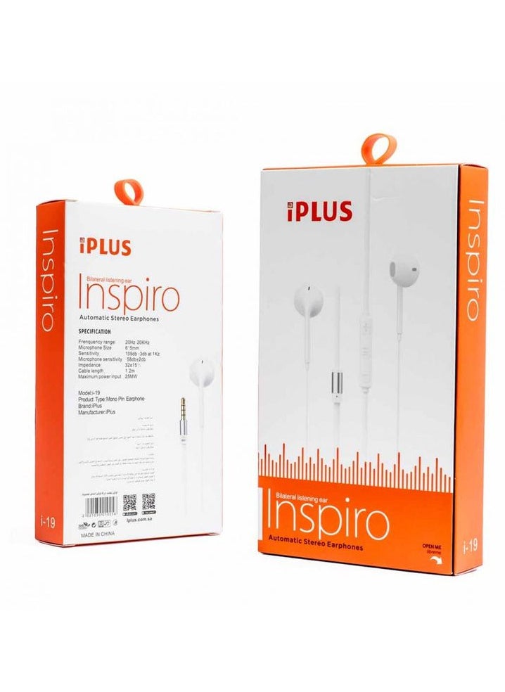 iplus iPlus Inspiro i-19 Automatic Stereo Earphones with 20Hz-20kHz Frequency Range 6.5mm Microphone 109dB Sensitivity 1.2m Wired Earphone  - Image 1