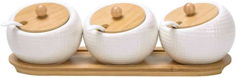 Leeonz Ceramic Condiment Jar Spice Container Pots Set with Spice Tray for Spice Salt Sugar Cruet, White - Image 1
