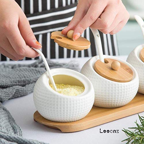 Leeonz Ceramic Condiment Jar Spice Container Pots Set with Spice Tray for Spice Salt Sugar Cruet, White - Image 3