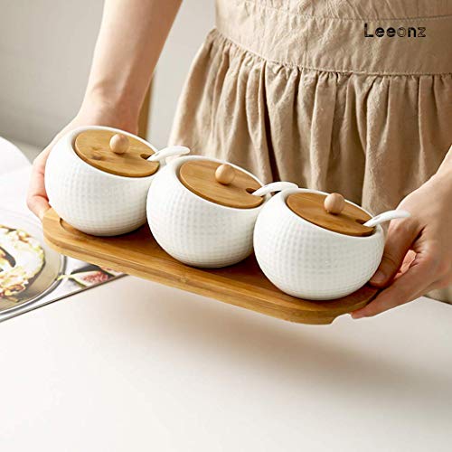 Leeonz Ceramic Condiment Jar Spice Container Pots Set with Spice Tray for Spice Salt Sugar Cruet, White - Image 5