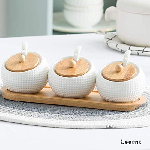Leeonz Ceramic Condiment Jar Spice Container Pots Set with Spice Tray for Spice Salt Sugar Cruet, White - Image 2