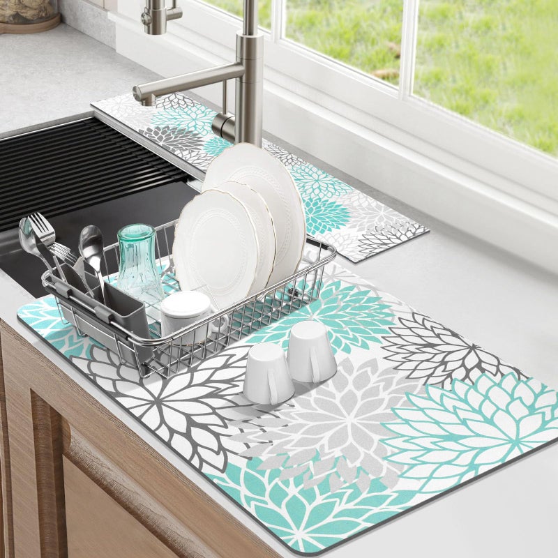 Findosom 2PCS 12 x 20 Dish Drying Mat  24 x 55 Sink Splash Guard Super Absorbent  Cuttable Dish Mat Drying Kitchen Mat with Teal Floral Hide Stain Draining Mat for Kitchen Counter