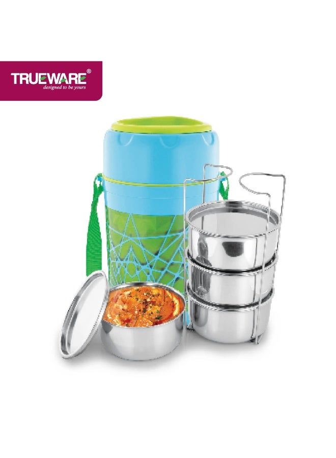 Trueware Trendy 4 Inner Steel Outer Plastic thermoware Lunch Box | 4 Container 300 ML Each | PU Insulated | Lunch Box | Tiffin | Hot Lunch Box - Image 1