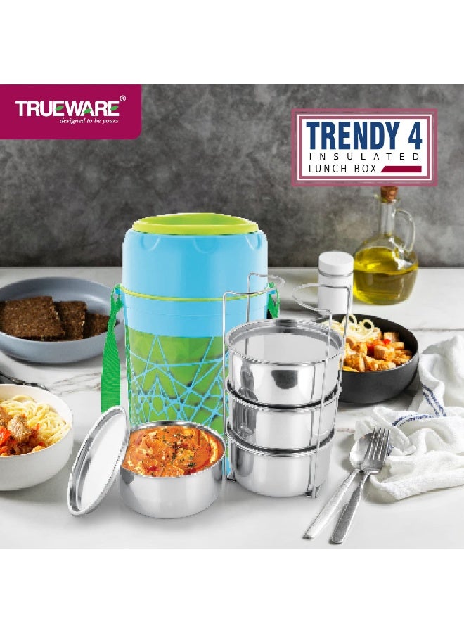 Trueware Trendy 4 Inner Steel Outer Plastic thermoware Lunch Box | 4 Container 300 ML Each | PU Insulated | Lunch Box | Tiffin | Hot Lunch Box - Image 4