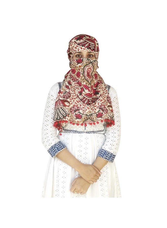 Switchon Scarf Hijab Mask Rayon Printed Fancy Scarf For Women Size Adjustable -Hook Loop Tape (Multicolor_Red), For Female - Image 1