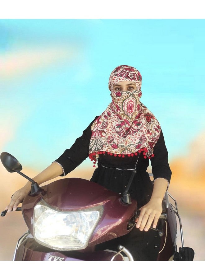 Switchon Scarf Hijab Mask Rayon Printed Fancy Scarf For Women Size Adjustable -Hook Loop Tape (Multicolor_Red), For Female - Image 5