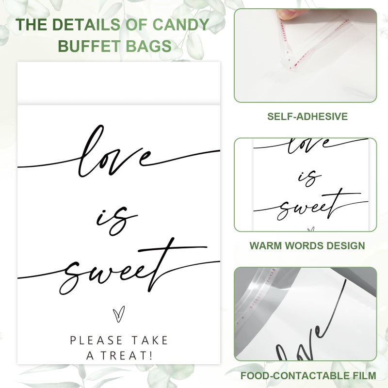 Whaline 100Pcs Clear Wedding Cookie Bag Love Is Sweet White Kraft Paper Treat Bags Self Adhesive Candy Goodie Bags for Party Favors Supplies - Image 3