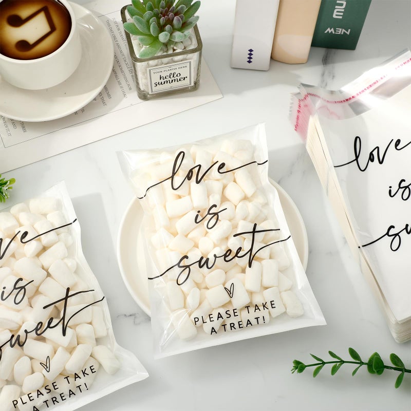 Whaline 100Pcs Clear Wedding Cookie Bag Love Is Sweet White Kraft Paper Treat Bags Self Adhesive Candy Goodie Bags for Party Favors Supplies - Image 4