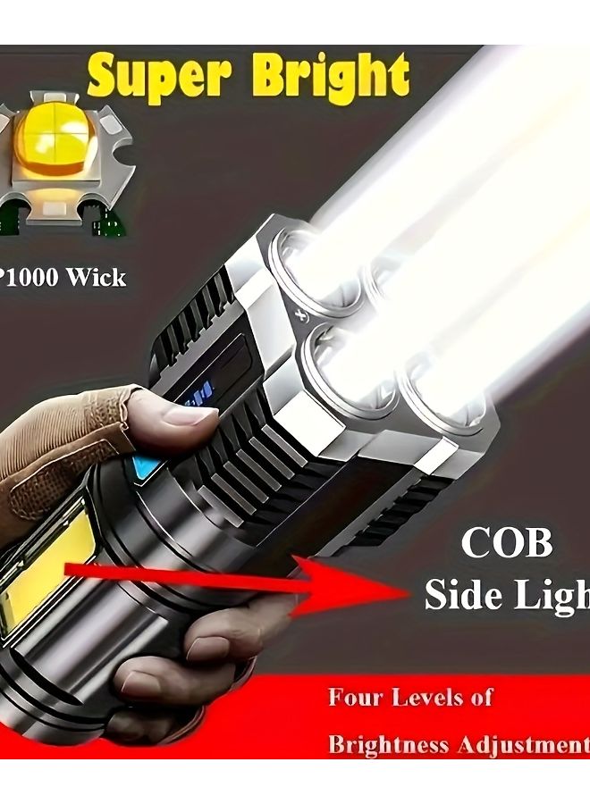 Black Super Bright USB Rechargeable Flashlight 4 LEDs COB Side Light for Camping Fishing Outdoor - Image 2
