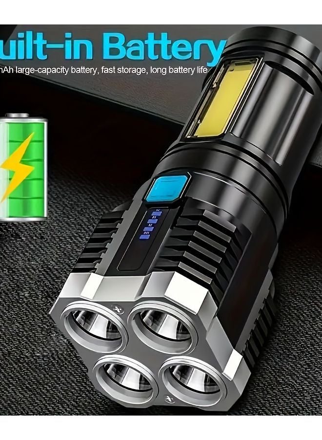 Black Super Bright USB Rechargeable Flashlight 4 LEDs COB Side Light for Camping Fishing Outdoor - Image 1