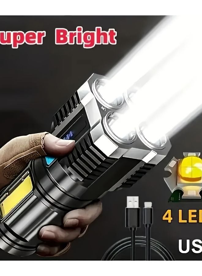 Black Super Bright USB Rechargeable Flashlight 4 LEDs COB Side Light for Camping Fishing Outdoor - Image 3
