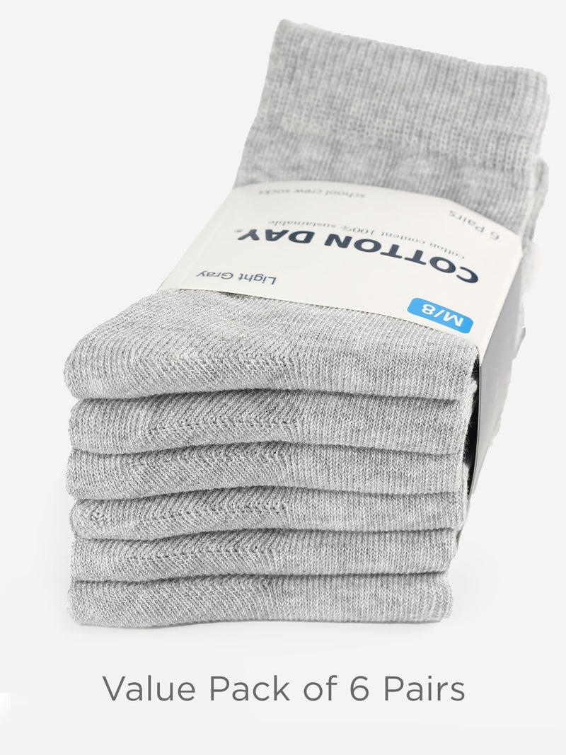 COTTON DAY Unisex Little Kids Youth Boys Girls Soft Cotton Crew Dress Socks Seamless Toe 6 Pack 4-6 years Lt Gray S (6) - Image 5