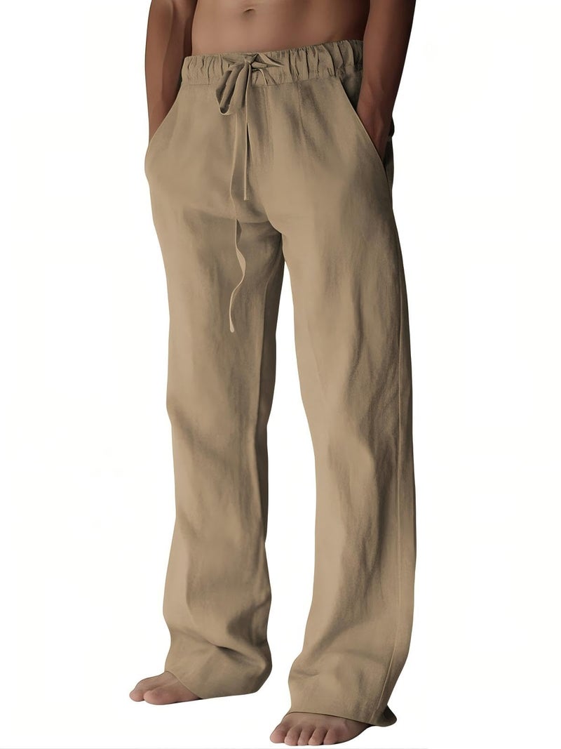PIDOGYM Mens Cotton Linen Pants, Summer Beach Pants Casual Loose Fit with Elastic Waist Drawstring Coffee - Image 1