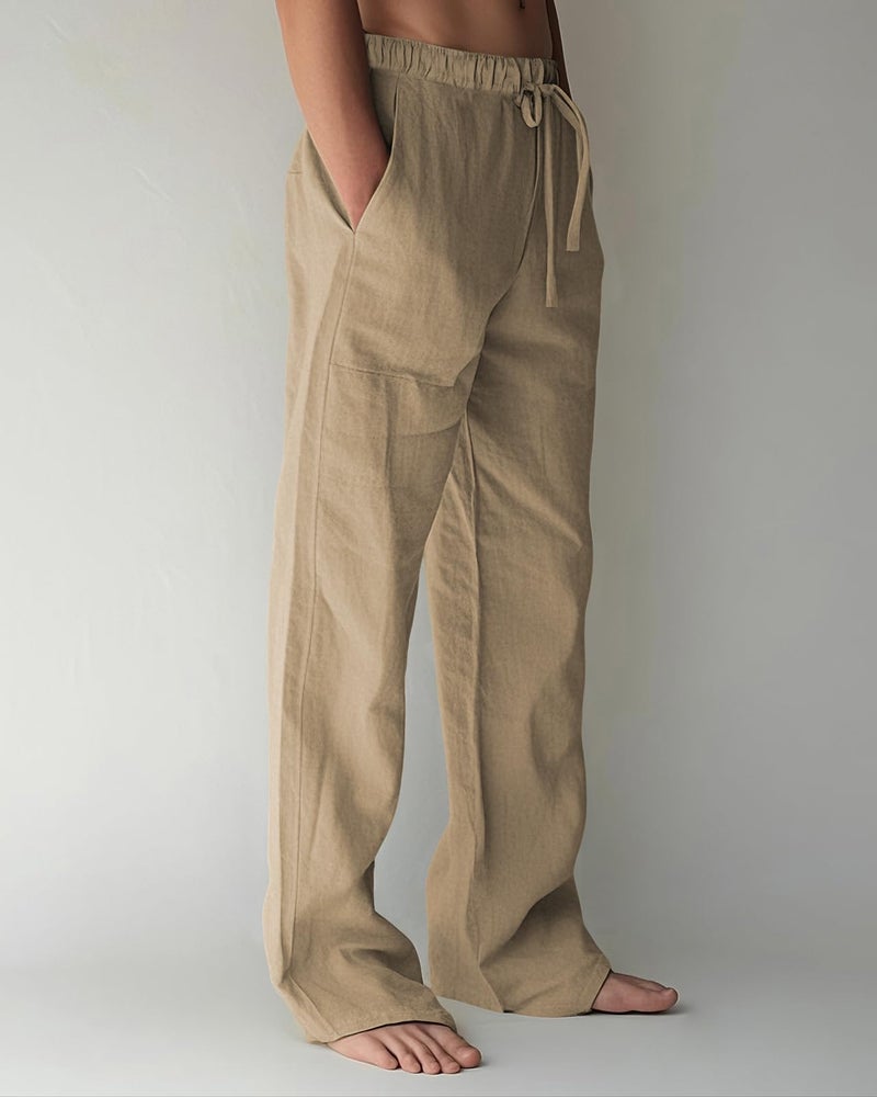 PIDOGYM Mens Cotton Linen Pants, Summer Beach Pants Casual Loose Fit with Elastic Waist Drawstring Coffee - Image 2