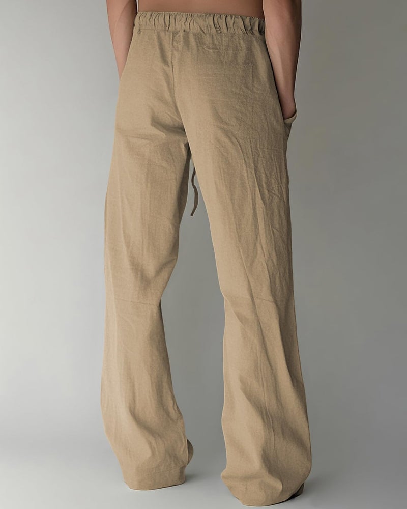PIDOGYM Mens Cotton Linen Pants, Summer Beach Pants Casual Loose Fit with Elastic Waist Drawstring Coffee - Image 3