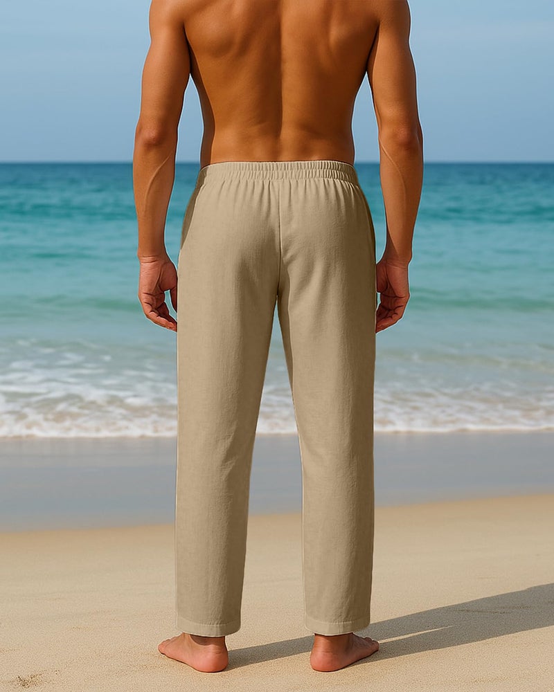 PIDOGYM Mens Cotton Linen Pants, Summer Beach Pants Casual Loose Fit with Elastic Waist Drawstring Coffee - Image 5