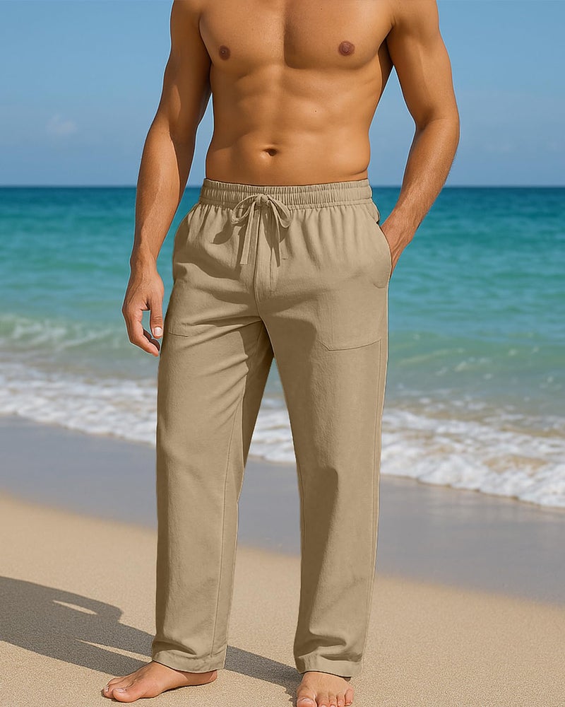 PIDOGYM Mens Cotton Linen Pants, Summer Beach Pants Casual Loose Fit with Elastic Waist Drawstring Coffee - Image 4