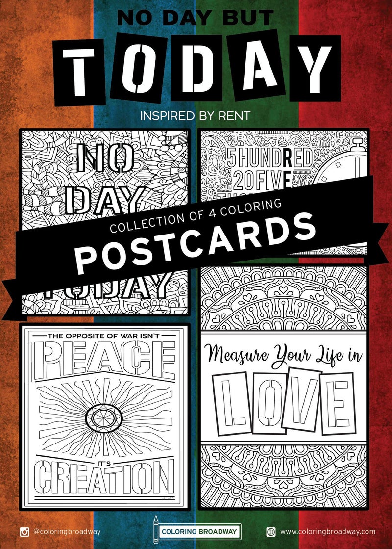 Coloring Broadway - RENT inspired Coloring Postcards (Set of 4) â€œNo Day But Todayâ€ Collection, Broadway Musical Merchandise, Matte Card Stock (5â€ x 7â€), Ideal Gift for a Broadway Theater Lover - Image 1