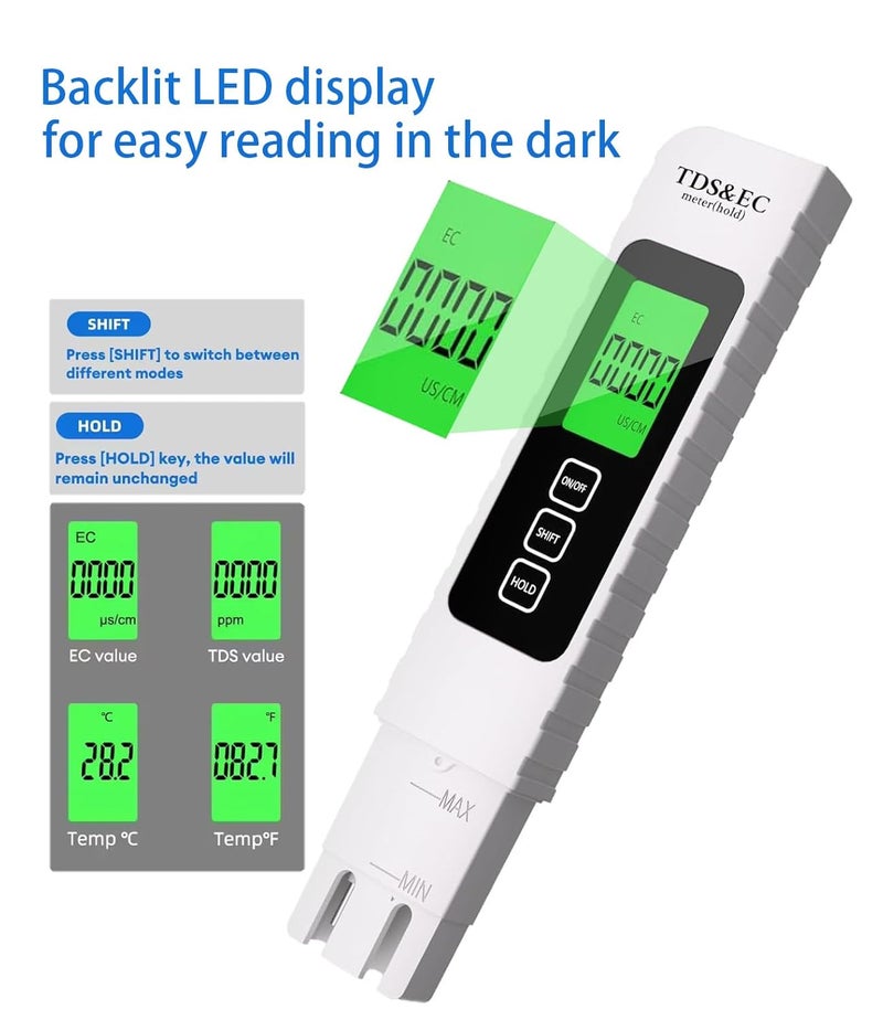 LIKDAY جهاز قياس TDS الرقمي لاختبار المياه 4 في 1 TDS و EC ودرجة الحرارة (°C، °F) ، جهاز قياس 0-9999 ppm ، مجموعة اختبار مياه محمولة بشاشة عرض كبيرة لمياه الشرب والزراعة المائية والأحواض ، نظام RO/DI - Image 4