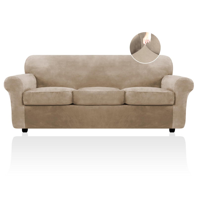 FestiCorp Velvet Sofa Cover Couch Covers for 3 Cushion Sofa Slipcovers for Sofas with 3 Cushions Stretch 4 Piece Couch Cover Thick Furniture Covers for Dogs Pets Sofa Camel