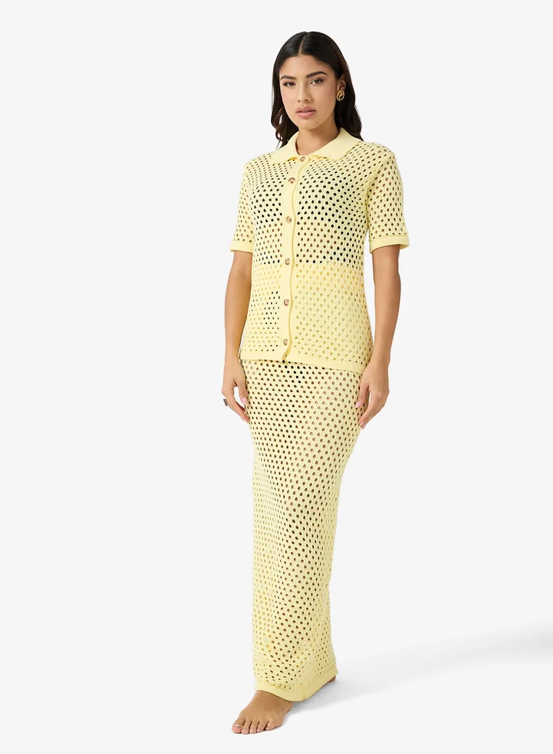 جينجر طقم قميص بأزرار وتنورة ماكسي كروشيه