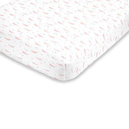 NoJo Super Soft Pink, Aqua & White Watercolor Narwhal Fitted Mini Crib Sheet, Pink, Aqua, White - Image 1