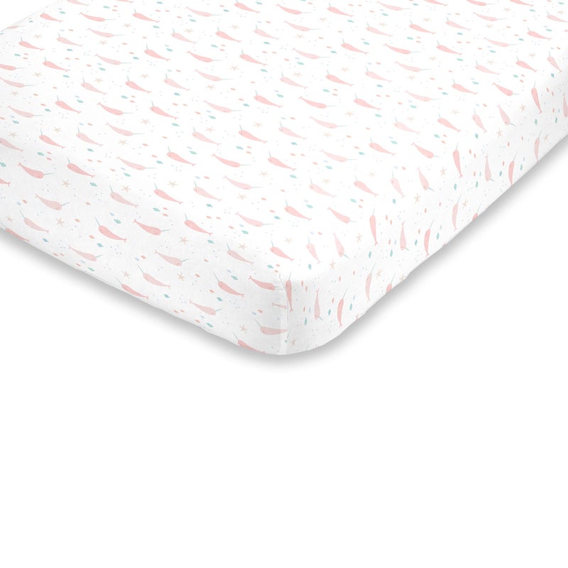 NoJo Super Soft Pink, Aqua & White Watercolor Narwhal Fitted Mini Crib Sheet, Pink, Aqua, White - Image 5