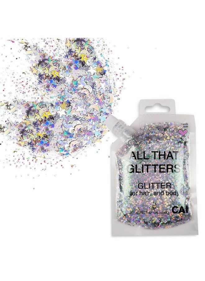 CAI BEAUTY NYC - Body Face & Hair Glitter Gel (1 Pk Silver) Chunky Iridescent Holograph Stars & Moon, 3 oz Cosmetic Grade Makeup, Cruelty Free Apply Without Glue, Easy to Take Off Keeps Skin Clean- for Concerts, Raves - Image 1