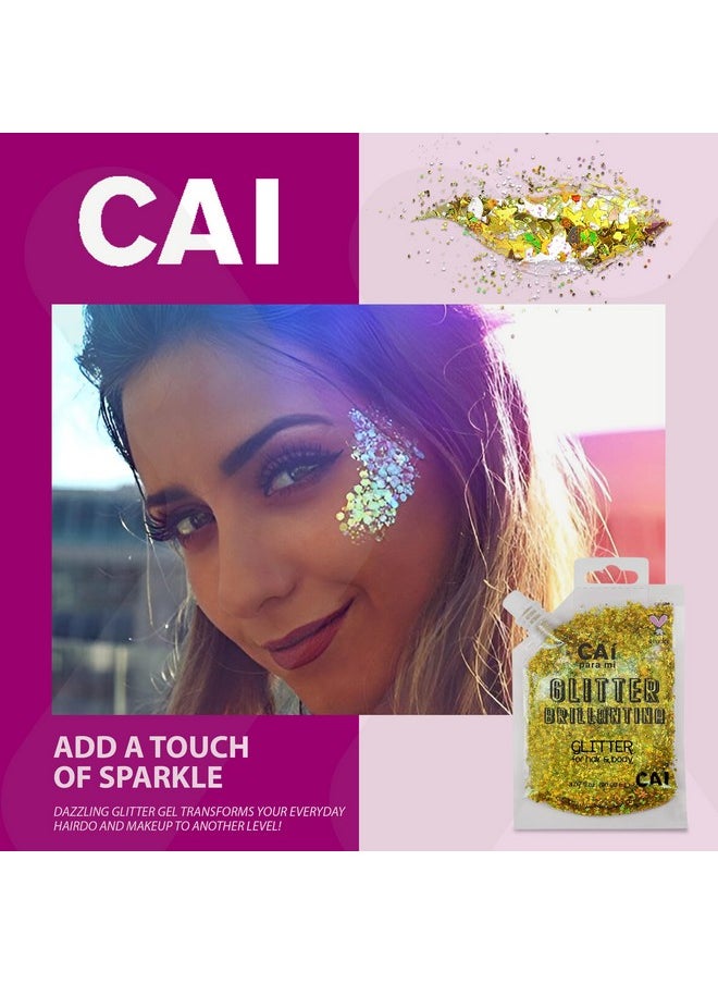 CAI BEAUTY NYC - Body Face & Hair Glitter Gel (1 Pk Silver) Chunky Iridescent Holograph Stars & Moon, 3 oz Cosmetic Grade Makeup, Cruelty Free Apply Without Glue, Easy to Take Off Keeps Skin Clean- for Concerts, Raves - Image 1