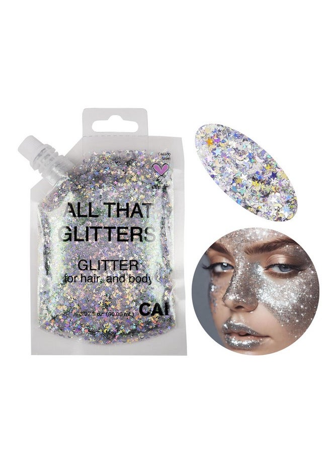 CAI BEAUTY NYC - Body Face & Hair Glitter Gel (1 Pk Silver) Chunky Iridescent Holograph Stars & Moon, 3 oz Cosmetic Grade Makeup, Cruelty Free Apply Without Glue, Easy to Take Off Keeps Skin Clean- for Concerts, Raves - Image 1
