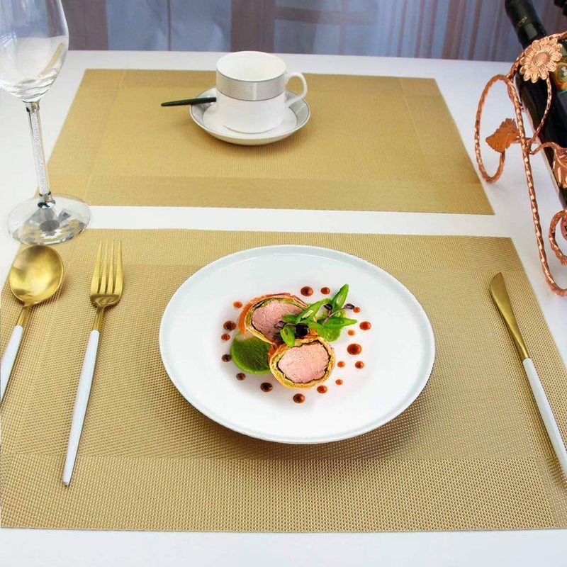 P Plus Fire Placemats with Table Runner Set Place Mats Heat Resistant Dining Place Mats Washable PVC Table Mats for Restaurant Table Protection for Wedding Holiday Set of 8 1 Runner Gold - Image 3