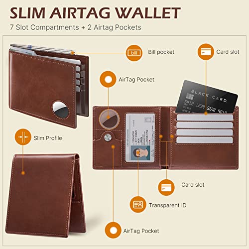 typecase Mens Leather Wallet with AirTag Holder: Hidden Pocket Compatible with Apple Air Tag,Top Grain Leather, Bifold, Slim, RFID Blocking - 10 Card Capacity | Bill Divider | ID Window (Brown) - Image 2