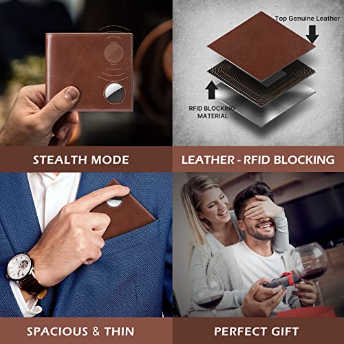 typecase Mens Leather Wallet with AirTag Holder: Hidden Pocket Compatible with Apple Air Tag,Top Grain Leather, Bifold, Slim, RFID Blocking - 10 Card Capacity | Bill Divider | ID Window (Brown) - Image 3