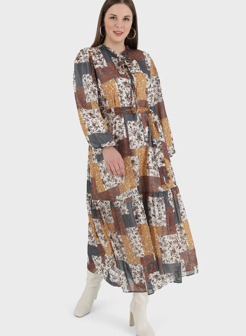 Alia by modanisa Puff Sleeve Tie Detail Printed Dress