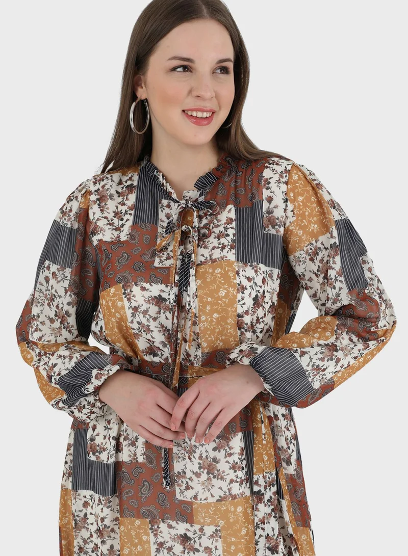 Alia by modanisa Puff Sleeve Tie Detail Printed Dress
