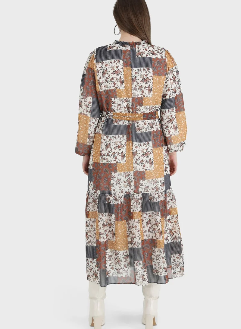 Alia by modanisa Puff Sleeve Tie Detail Printed Dress