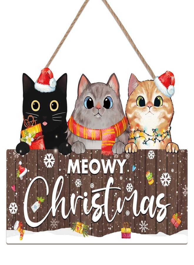 KAIRNE Meowy Christmas Wooden Hanging,Winter Snow Sign Xmas Wall Art,Merry Christmas Cat Wooden Sign(8x11.6inch) Happy Holiday Wall Decor Black Cats Sign Christmas gift For Cat Lover Decoration - Image 1