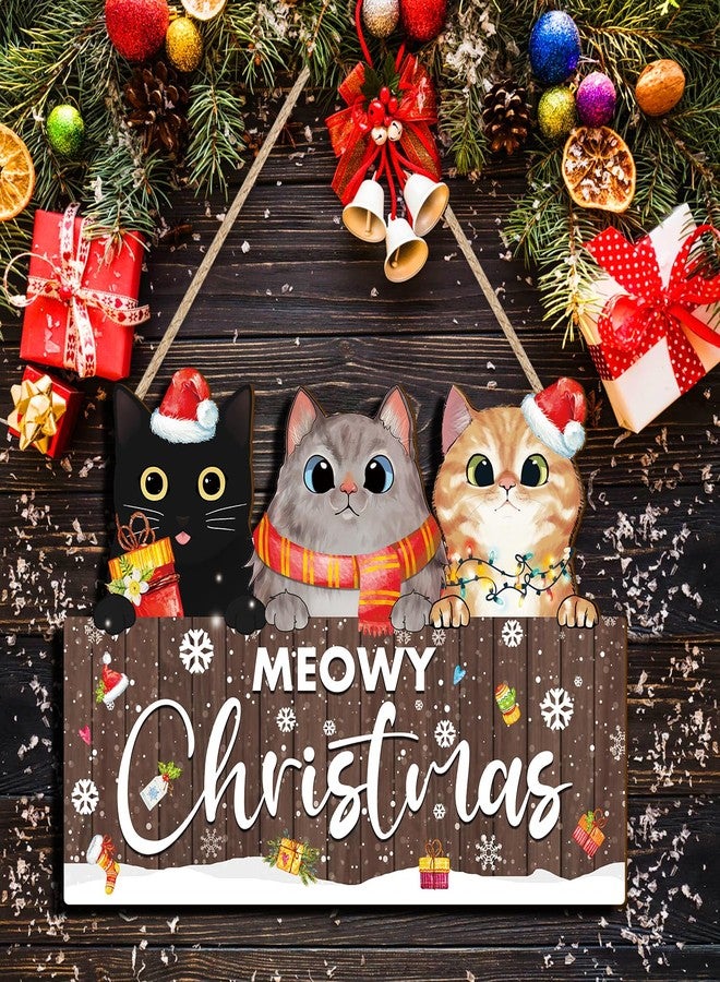 KAIRNE Meowy Christmas Wooden Hanging,Winter Snow Sign Xmas Wall Art,Merry Christmas Cat Wooden Sign(8x11.6inch) Happy Holiday Wall Decor Black Cats Sign Christmas gift For Cat Lover Decoration - Image 3
