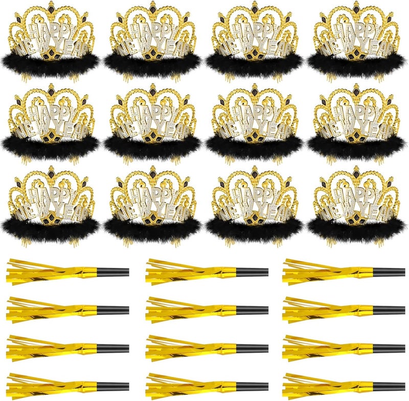 Leitee 24 Pcs 2025 New Years Eve Party Supplies Include 12 Happy New Year Headband Tiara Crow with Fauxfur 12 Squawkers Fringed Noisemakers for 2025 Year Eve Christmas Party Supplies - Image 1