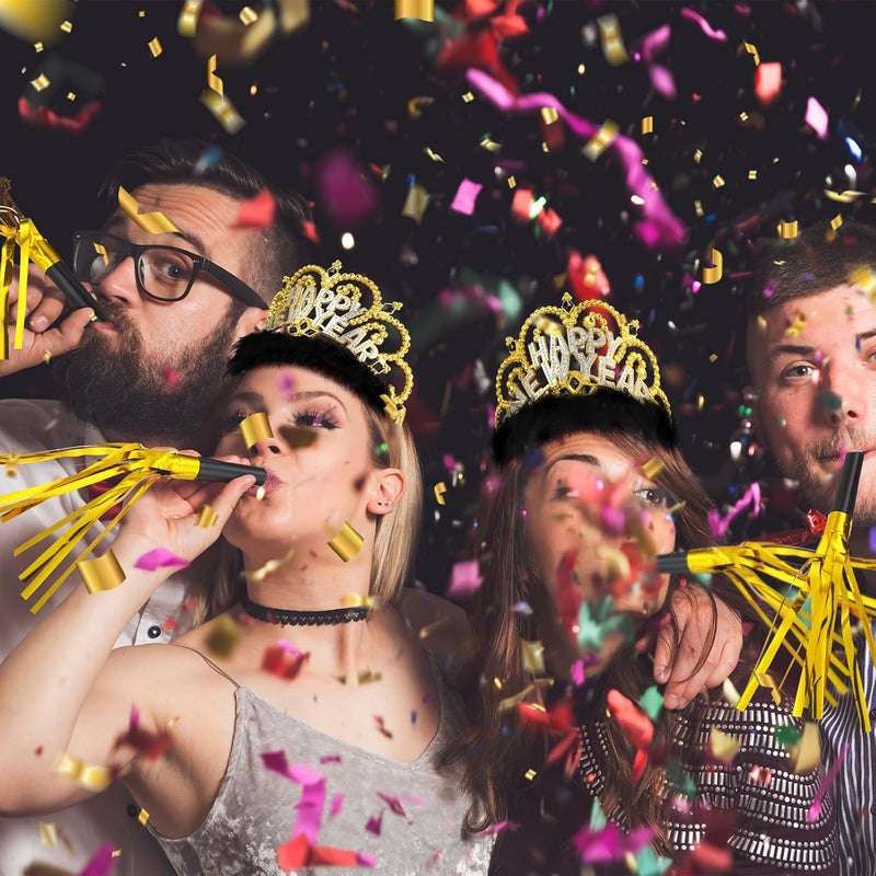 Leitee 24 Pcs 2025 New Years Eve Party Supplies Include 12 Happy New Year Headband Tiara Crow with Fauxfur 12 Squawkers Fringed Noisemakers for 2025 Year Eve Christmas Party Supplies - Image 5
