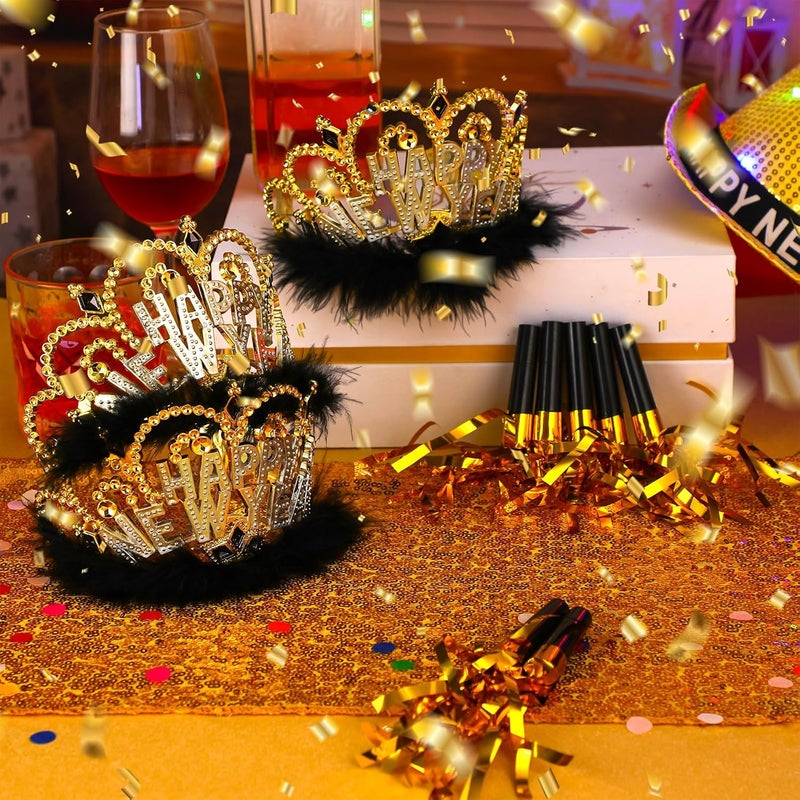 Leitee 24 Pcs 2025 New Years Eve Party Supplies Include 12 Happy New Year Headband Tiara Crow with Fauxfur 12 Squawkers Fringed Noisemakers for 2025 Year Eve Christmas Party Supplies - Image 4