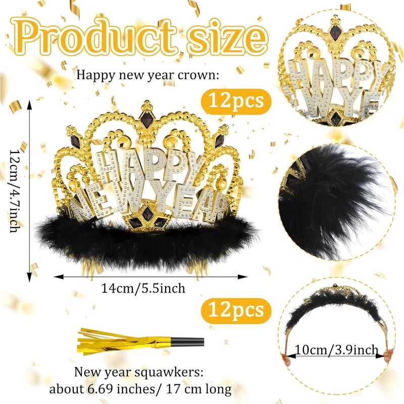 Leitee 24 Pcs 2025 New Years Eve Party Supplies Include 12 Happy New Year Headband Tiara Crow with Fauxfur 12 Squawkers Fringed Noisemakers for 2025 Year Eve Christmas Party Supplies - Image 2