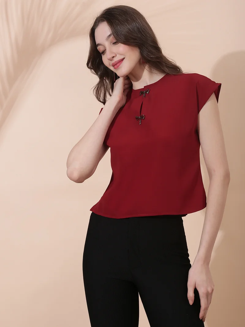 globus Globus Women Maroon Round Neck Extended Sleeve Solid Bow Detail Top