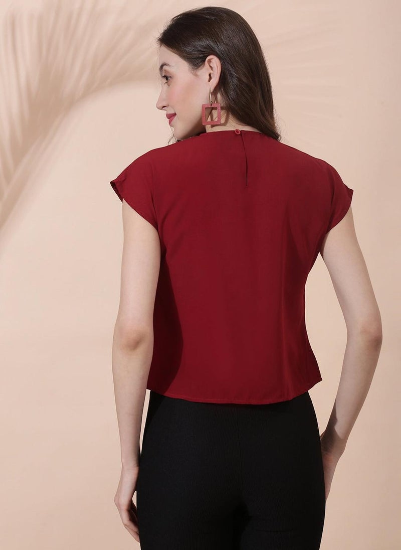 Globus Women's Maroon Casual Top with Round Neck and Metal Bow Detail - Image 4