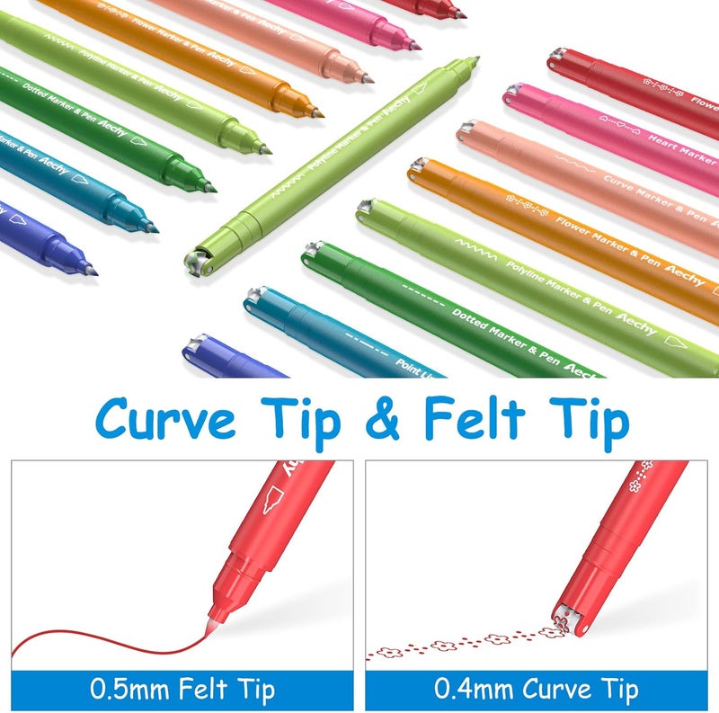 AECHY Curve highlighter pens for Note Taking, Dual Tip Pens with 6 Different Curve Shapes & 8 Colors Fine Lines, Colored Curve Flair Pen Set for Kids Journaling Scrapbook Note Taking Supplies(Rainbow) - Image 2