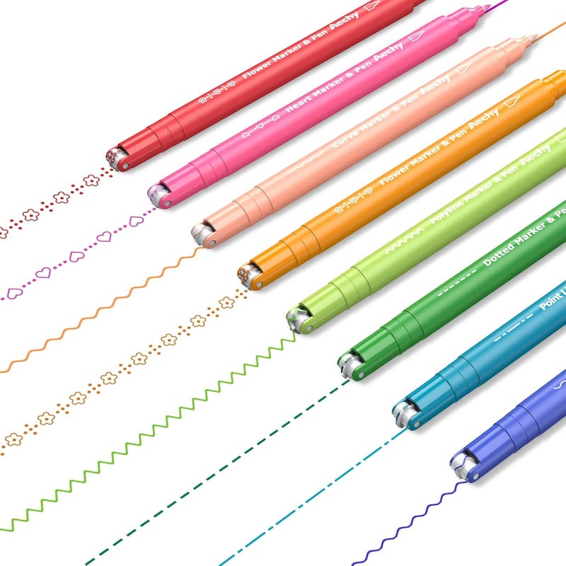 AECHY Curve highlighter pens for Note Taking, Dual Tip Pens with 6 Different Curve Shapes & 8 Colors Fine Lines, Colored Curve Flair Pen Set for Kids Journaling Scrapbook Note Taking Supplies(Rainbow) - Image 1