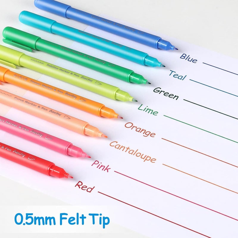 AECHY Curve highlighter pens for Note Taking, Dual Tip Pens with 6 Different Curve Shapes & 8 Colors Fine Lines, Colored Curve Flair Pen Set for Kids Journaling Scrapbook Note Taking Supplies(Rainbow) - Image 4