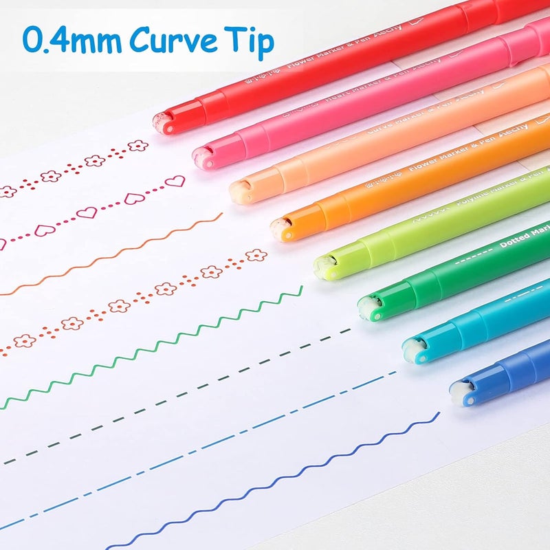 AECHY Curve highlighter pens for Note Taking, Dual Tip Pens with 6 Different Curve Shapes & 8 Colors Fine Lines, Colored Curve Flair Pen Set for Kids Journaling Scrapbook Note Taking Supplies(Rainbow) - Image 3
