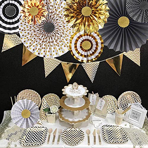 Hola Fiesta,Gold Black Paper Fans Flower for Halloween Party Decorations,black2,Set of 8 - Image 5
